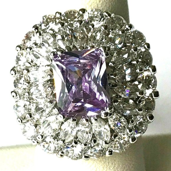 Vintage Art Deco Purple CZ Cocktail Ring Size 7 Camilla Lucia Silver Plated - Picture 3 of 12